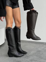 Чоботи - Козаки єврозима, натуральна шкіра, чорні/шоколад