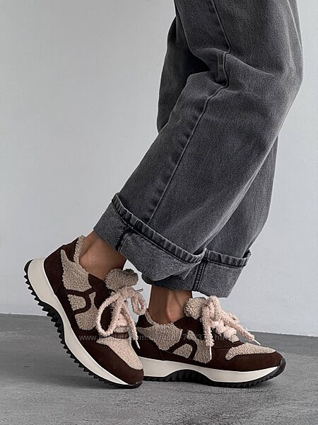 Кросівки зима, натуральна замша/хутро Teddy, шоколад/беж