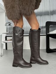 Чоботи жокейки, натуральна шкіра, шоколад, євро зима