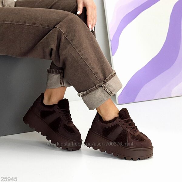 Кросівки Litris зима, натуральна замша/шкіра/хутро Тедді, шоколад
