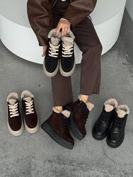 Зимові черевики з хутром Teddy, натуральна замша/шкіра, чорні/шоколад