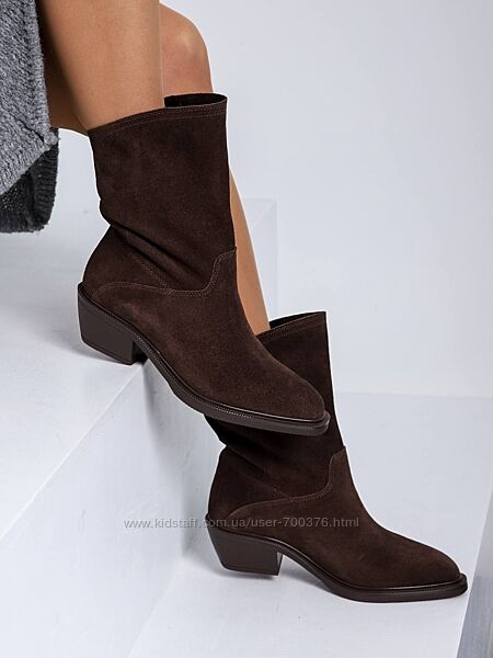 Чоботи - козаки європейка, натуральна замша, шоколад, теплі, на цигейці