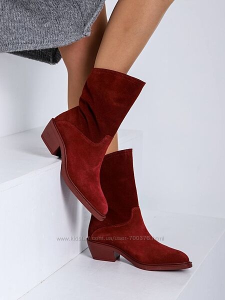 Чоботи - козаки європейка, натуральна замша, марсала, теплі, на цигейці