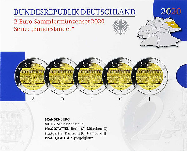 Німеччина 2020. Офіційний набір 2 Євро Федеральні Землі Бранденбург - пруф