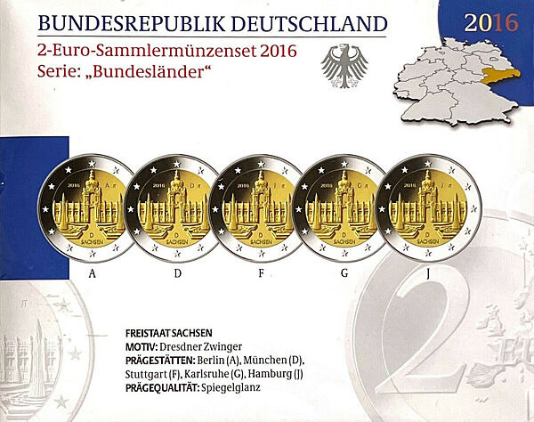 Німеччина 2016. Офіційний набір 2 Євро Федеральні Землі Саксонія - пруф