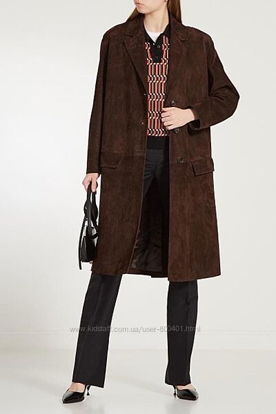 Замшевое женское Пальто коричневое шоколадное миди