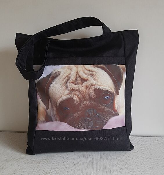 Шопер сумка торба тканинна чорна унісекс щільна з принтом кишеня на змійці