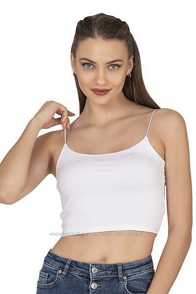 Стильний жіночий кроп-топ однотонний на тонких бретелях S, M, L, XL