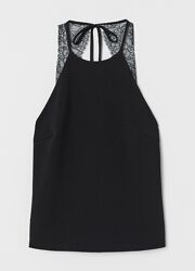 H&M Шикарная чёрная женская блуза без рукавов с кружевной спинкой