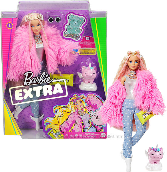 кукла блондинка Барби Экстра Barbie Extra Doll 3 in Pink Fluffy Coat