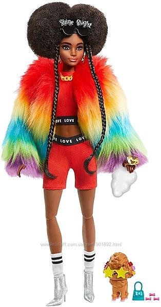 кукла афроамериканка Барби Экстра Barbie Extra Doll 1 in Furry Rainbow Coat