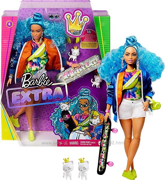 кукла Barbie Extra Doll  4 Curvy Барби Экстра Модница со скейтбордом