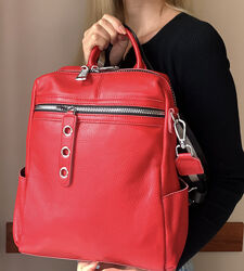 Кожаный женский молодёжный рюкзак сумка трансформер чёрный, красный, синий