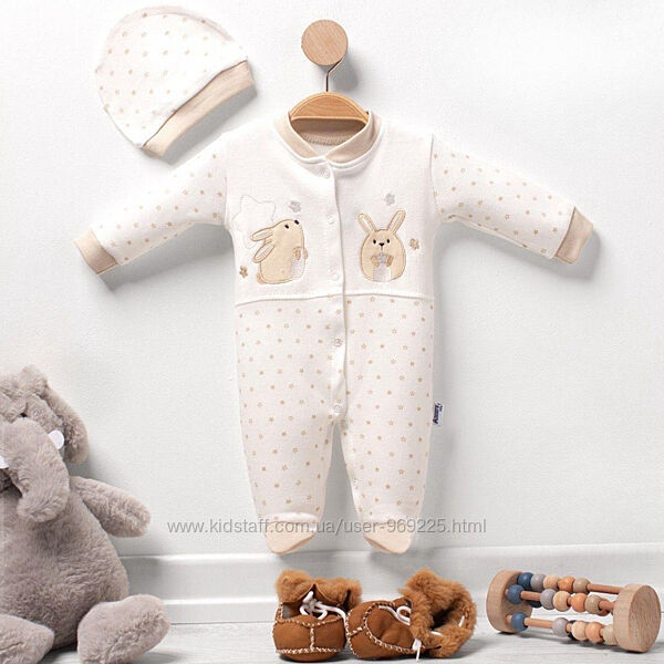 Детский человечек молочного цвета с шапочкой для девочек от 3 до 9 месяцев