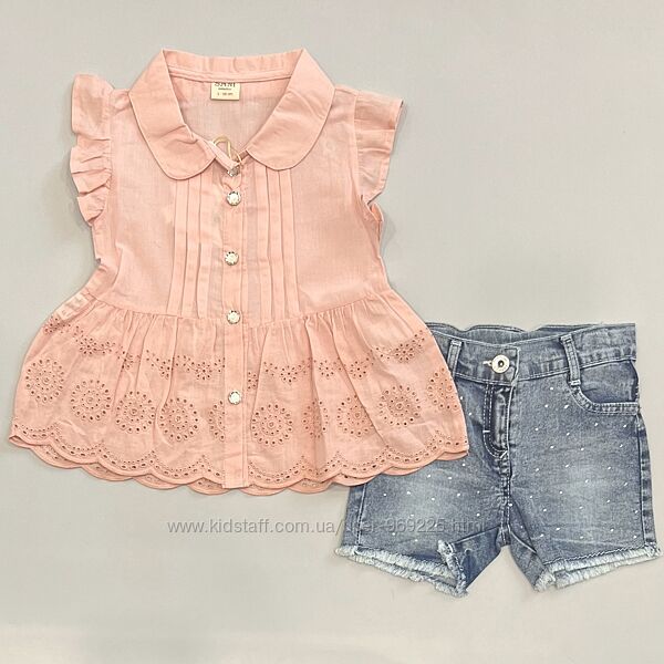 Детский летний костюм розовая блуза и джинсовые шорты для девочки 2-5 лет