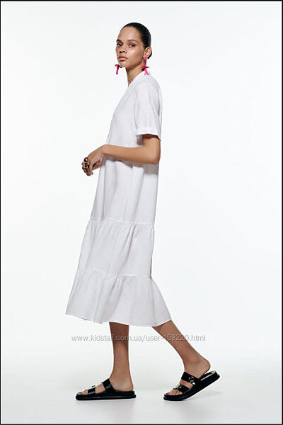 Біла льняна сукня zara, ярусное платье