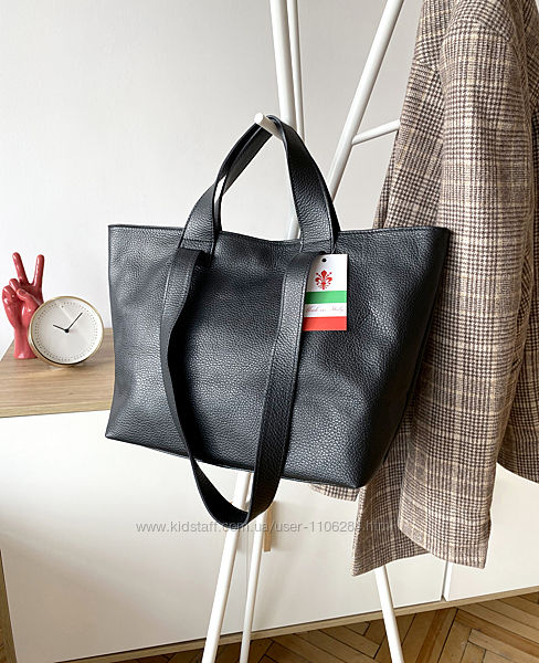 Итальянская черная кожаная сумка-шоппер с двумя ручками Vera Pelle, Италия