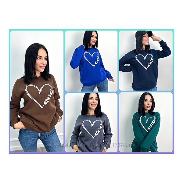 42-56р Теплий жіночий світшот на флісі з накаткою Heart