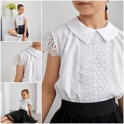 Біла шкільна блуза для дівчинки з мереживом Розмір 116, 122, 128, 134, 140