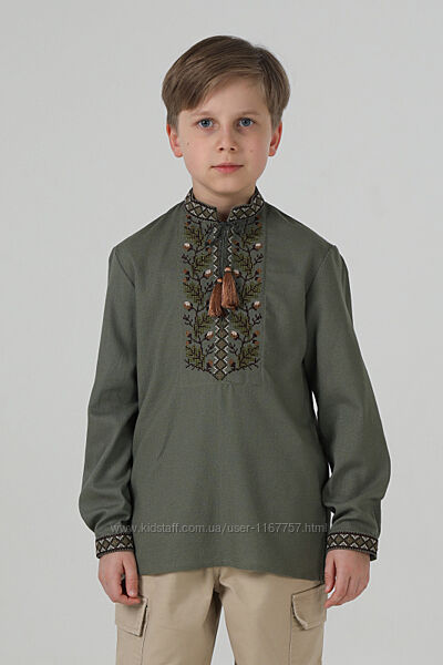 Вишиванка для хлопчика Дубочок Льон хакі