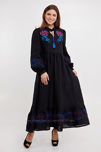 Сукня-вишиванка жіноча Піона льон чорний