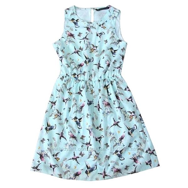 Нарядное голубое платье с вырезом на спине zara оригинал принт птицы