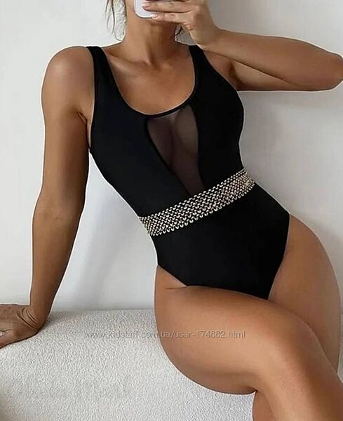 2247 чорний суцільний купальник з сітчастою вставкою