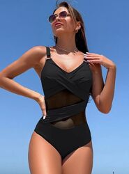 Sw3658 чорний суцільний купальник plus size вставки сітка