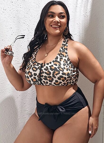 Sw1573 роздільний купальник plus size чорні високи плавки леопардовий ліф т