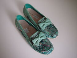 Мокасины - туфли кожаные для девочки Palaris 31-36 серебристо - зеленые