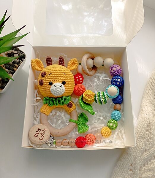 Набір для малюка, брязкальце Жираф, гризунець і тримач для пустушки гризунк