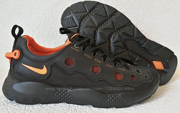 Nike кроссовки кожаные мужские дышащие с сеткой чёрные с оранжевым