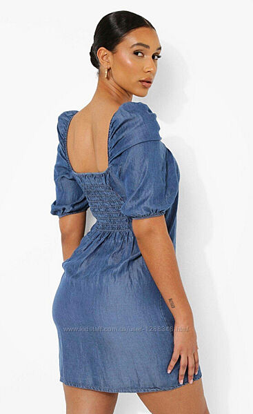 Лиоцел летнее свободное мини платье джинсовое рукав фонарик 3/4 boohoo
