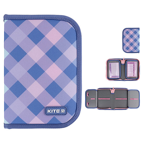 Пенал без наповнення Kite Purple Chequer K24-622-3, 1 відділення, 2 закоти  20x14x3.9  рожево-фіолетовий