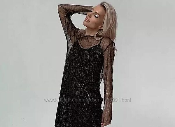 Эффектное прозрачное платье-туника сеточка/ стильна Nly Trend