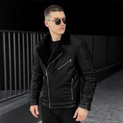 Куртка чоловіча зимова на хутрі Pobedov Winter чорна  Тепла шкіряна куртка 