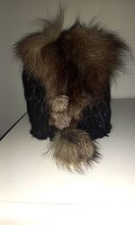 Теплая зимняя шапка Норка Чернобурка вязаная, с ушками и хвостиком