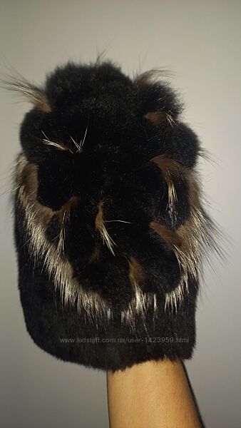 Теплая зимняя шапка Норка Чернобурка вязаная, круглая чёрный коричневый