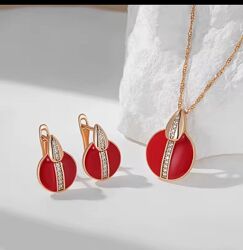 Яркий комплект с эмалью - цепочка с подвеской серьги