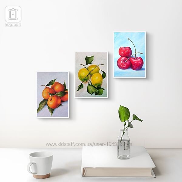 Набір з 3х картин - лимони, мандарини, вишні
