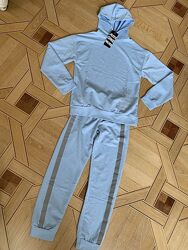Спортивный костюм двухнитка голубой, 152 см для девочки, легкий, с капюшоно