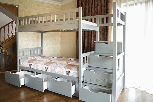 Деревяне двоярусне ліжко Володимир зі сходами у дитячу кімнату