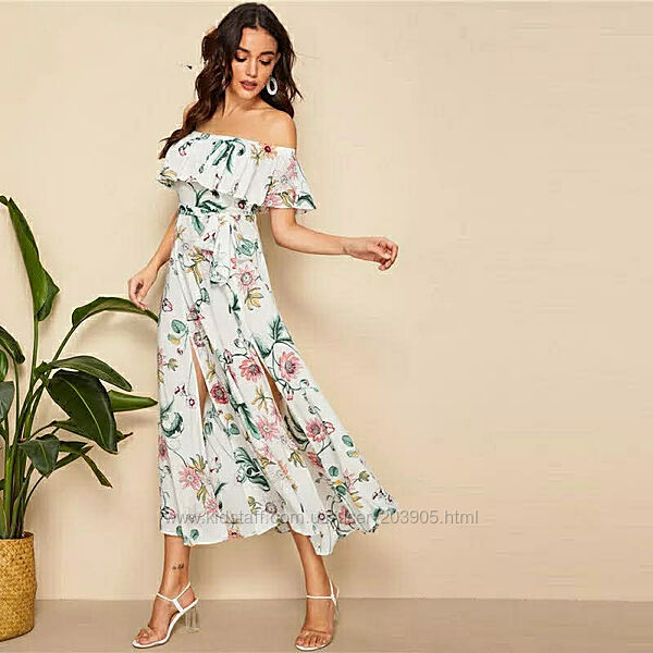 Длинный легкий сарафан платье с воланами открытыми плечами макси цветочный