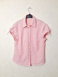 Рубашка батник женский короткий рукав клеточка белая розовая р46 х/б