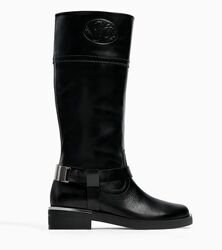 Кожаные высокие  черные  сапоги  Зара  Zara Girls Размер  Евро 37 24 см 