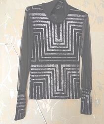 Нарядная черно-серебристая блуза, рукава и ворот прозрачный шифон, L/46-48