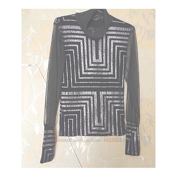 Нарядная черно-серебристая блуза, рукава и ворот прозрачный шифон, L/46-48