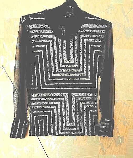 Шикарная черно-серебристая блуза, рукава и ворот прозрачный шифон. M-L/46-4