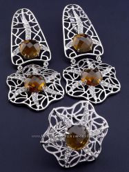 Комплект украшений серьги и кольцо с бежевыми фианитами код 1556