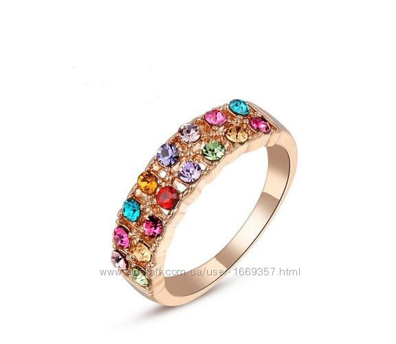 Позолоченное кольцо с цветными кристаллами код 741